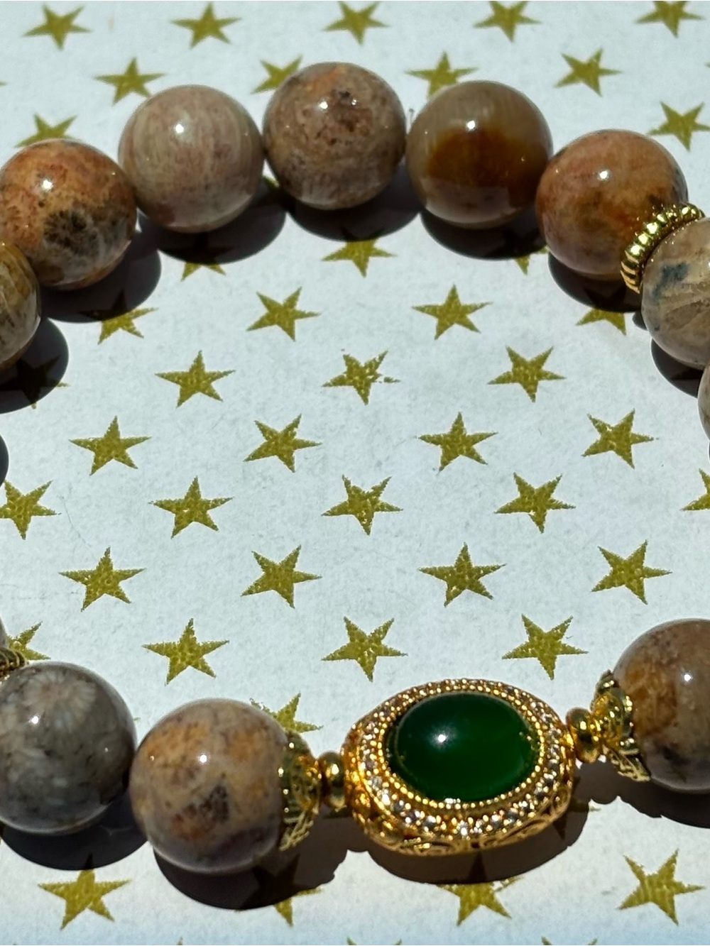 Gold-Toned Brown Beaded Bracelet with Green StonCenter
